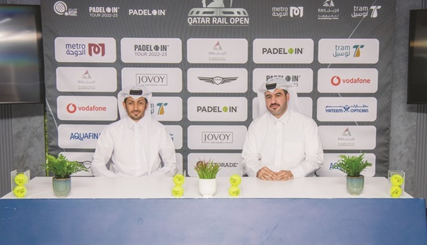 Communication & Public Relations Director at Qatar Rail Abdulla Ali al-Mawlawi (right) and Co-founder of Padel In Khalid Saadon al-Kuwari at a press conference on Monday.