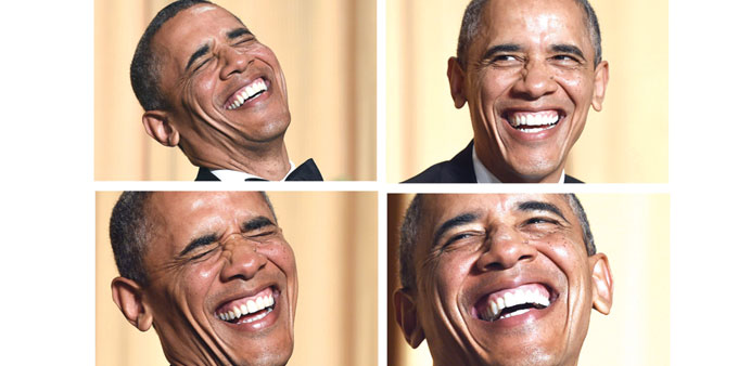 This combination of pictures show US President Barack Obama laughing as he listening actor and comedian Joel McHale telling jokes during the White Hou