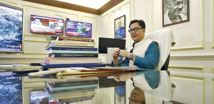 Minister of State for Home Kiren Rijiju speaks during an interview with Reuters inside his office in New Delhi.