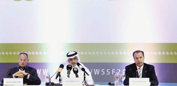 Errol Frank Stoove, president ISSA, Turki Mohamed al-Khater, president GRSIA, and Hans-Horst Konkolewsky, secretary general ISSA, at the press confere