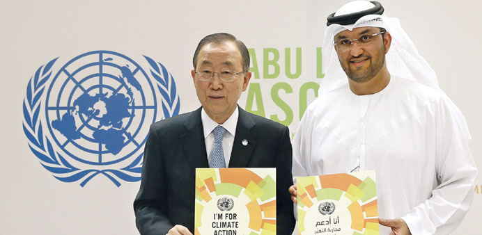 UN Secretary General Ban Ki-moon and UAE Minister of State Sultan Ahmed al-Jaber attend a conference on climate change in Abu Dhabi yesterday.